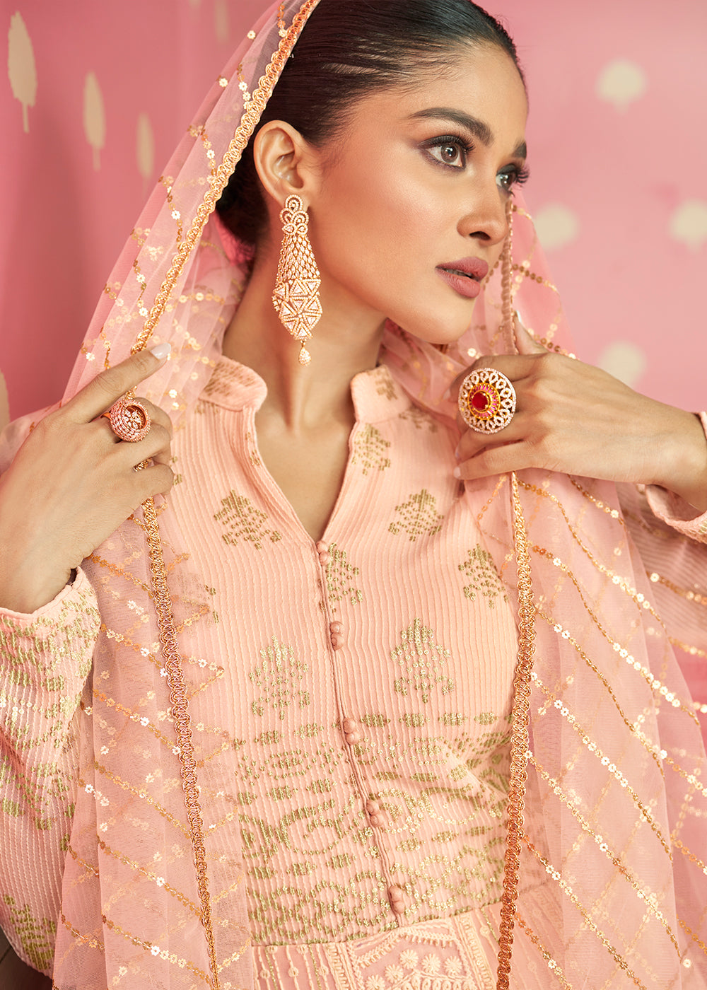 Light Peach Pink Designer Georgette Embroidered Anarkali Suit