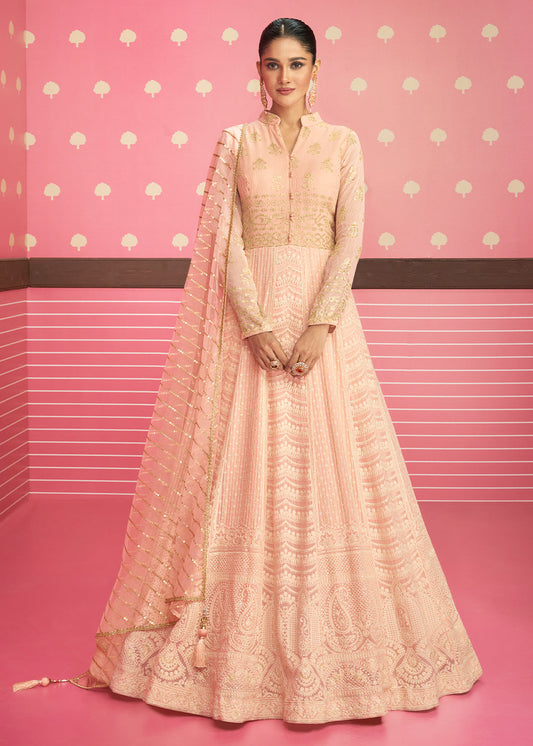 Light Peach Pink Designer Georgette Embroidered Anarkali Suit