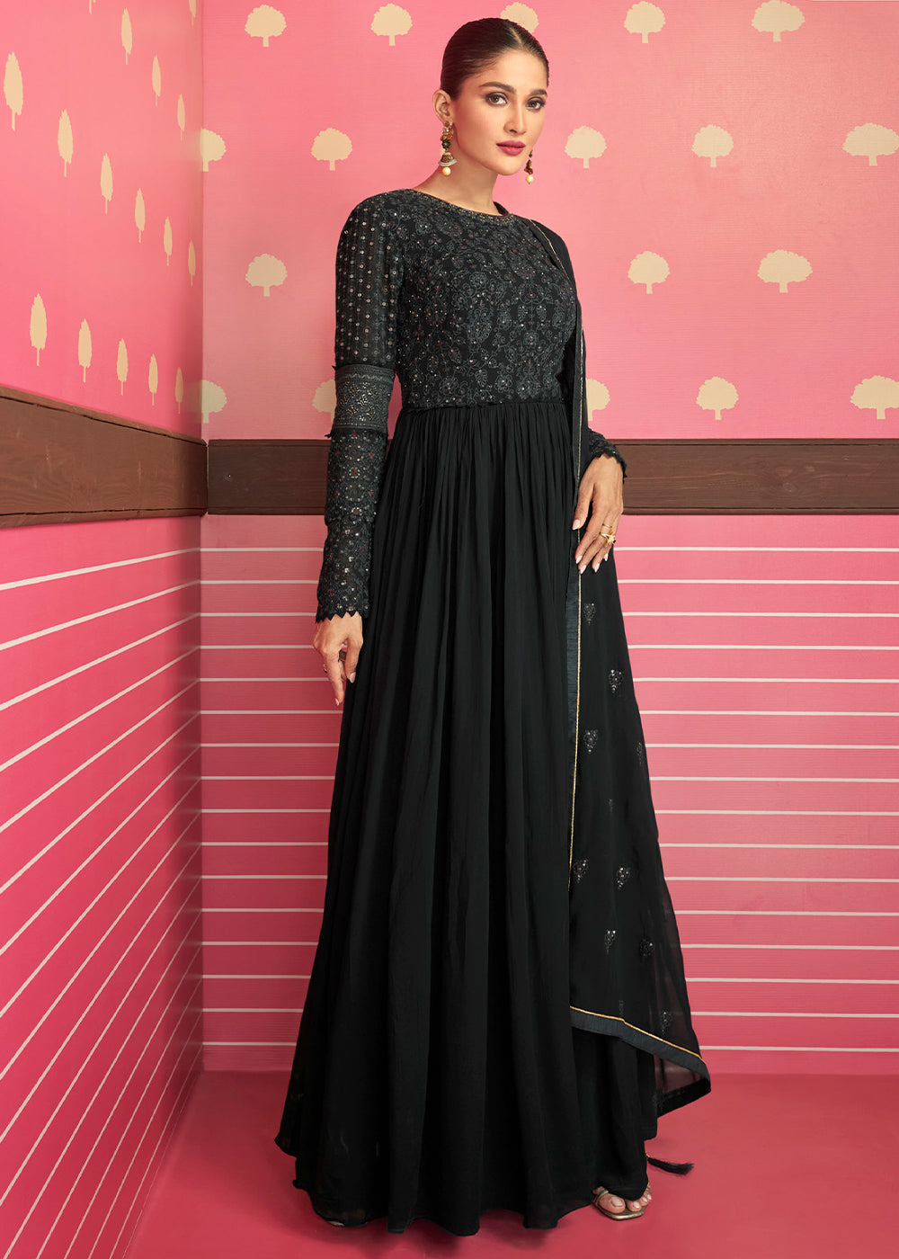 Midnight Black Georgette Embroidered Anarkali Suit