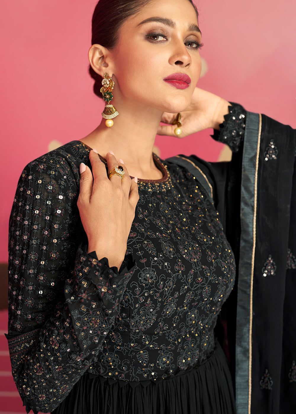 Midnight Black Georgette Embroidered Anarkali Suit