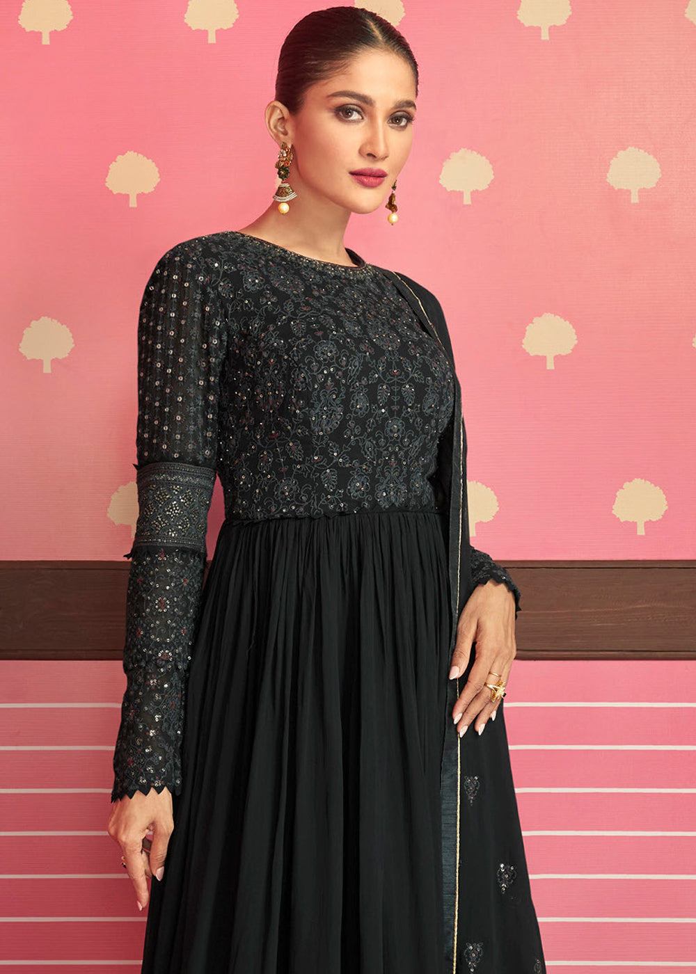 Midnight Black Georgette Embroidered Anarkali Suit