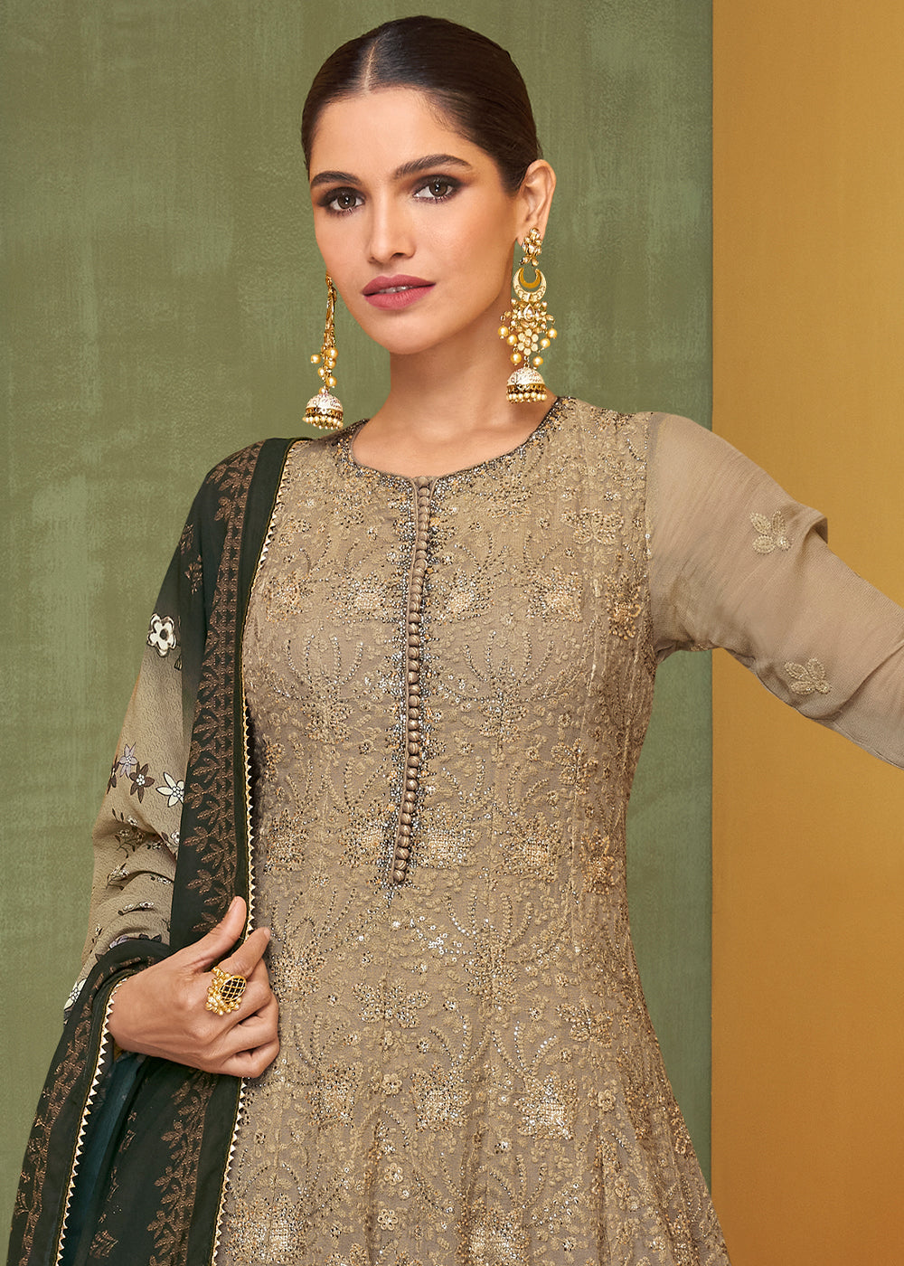 Tan Brown Designer Embroidered Georgette Anarkali Suit (Pre-Order)