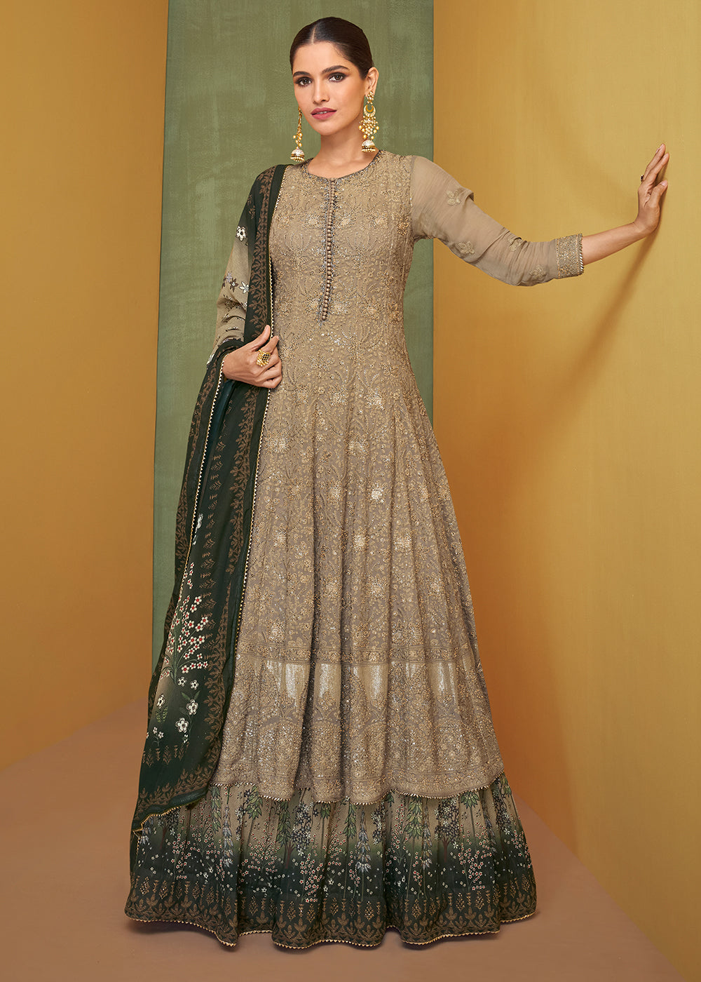 Tan Brown Designer Embroidered Georgette Anarkali Suit (Pre-Order)