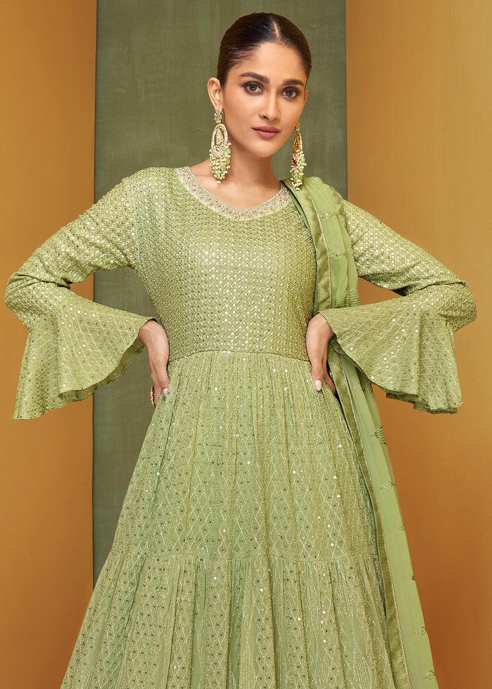 Pastel Green Designer Embroidered Georgette Anarkali Suit