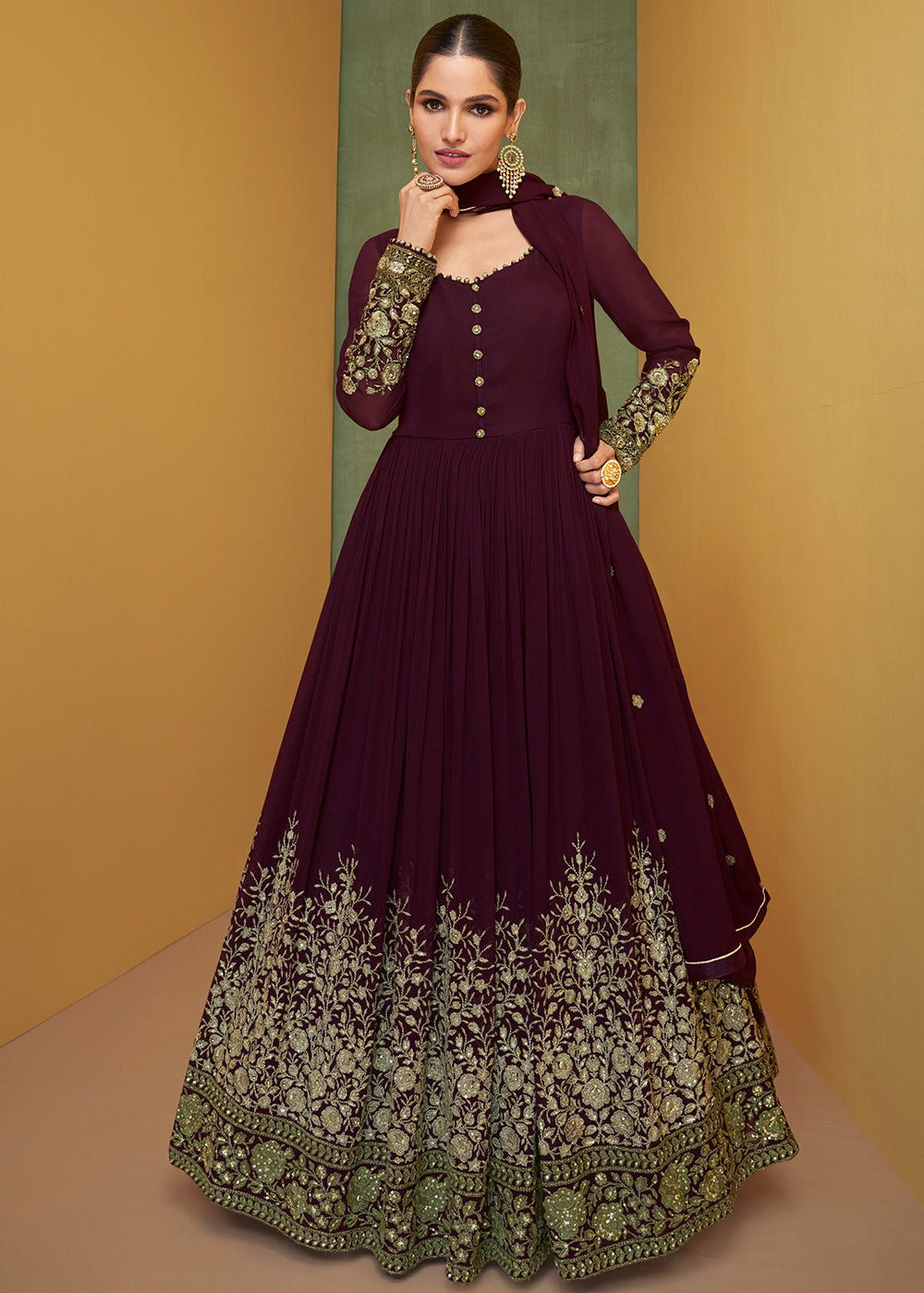 Hickory Brown Designer Embroidered Georgette Anarkali Suit