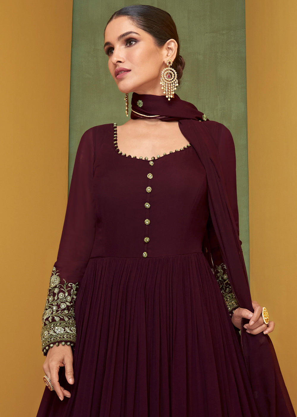 Hickory Brown Designer Embroidered Georgette Anarkali Suit