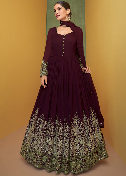 Hickory Brown Designer Embroidered Georgette Anarkali Suit