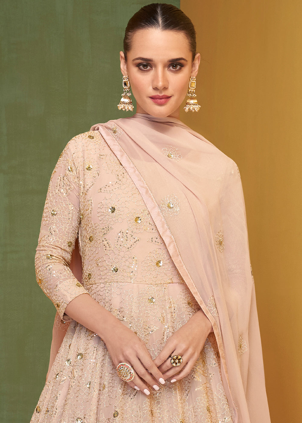 Pastel Peach Pink Designer Embroidered Georgette Anarkali Suit