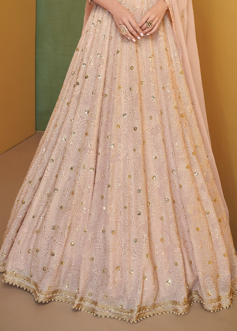 Pastel Peach Pink Designer Embroidered Georgette Anarkali Suit