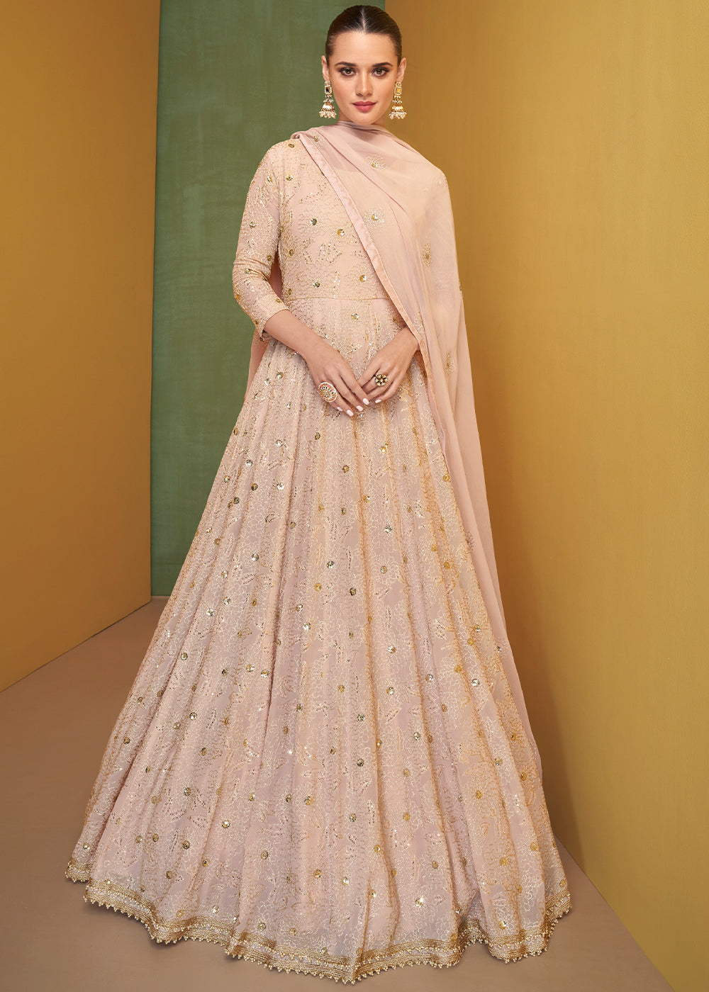 Pastel Peach Pink Designer Embroidered Georgette Anarkali Suit