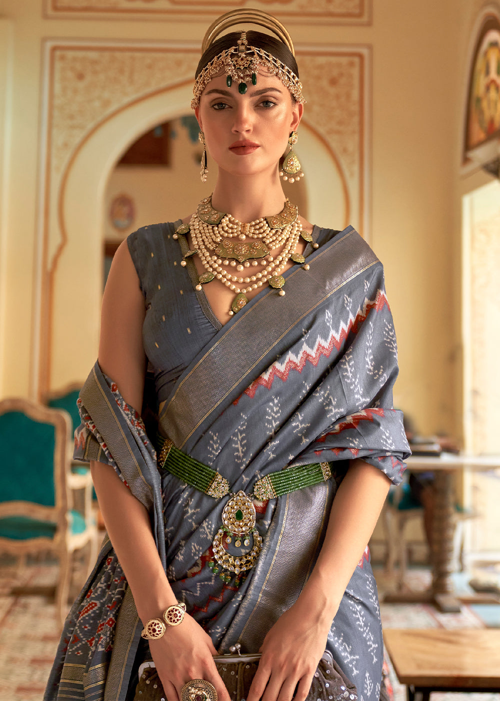 Flint Grey Designer Printed Silk Saree