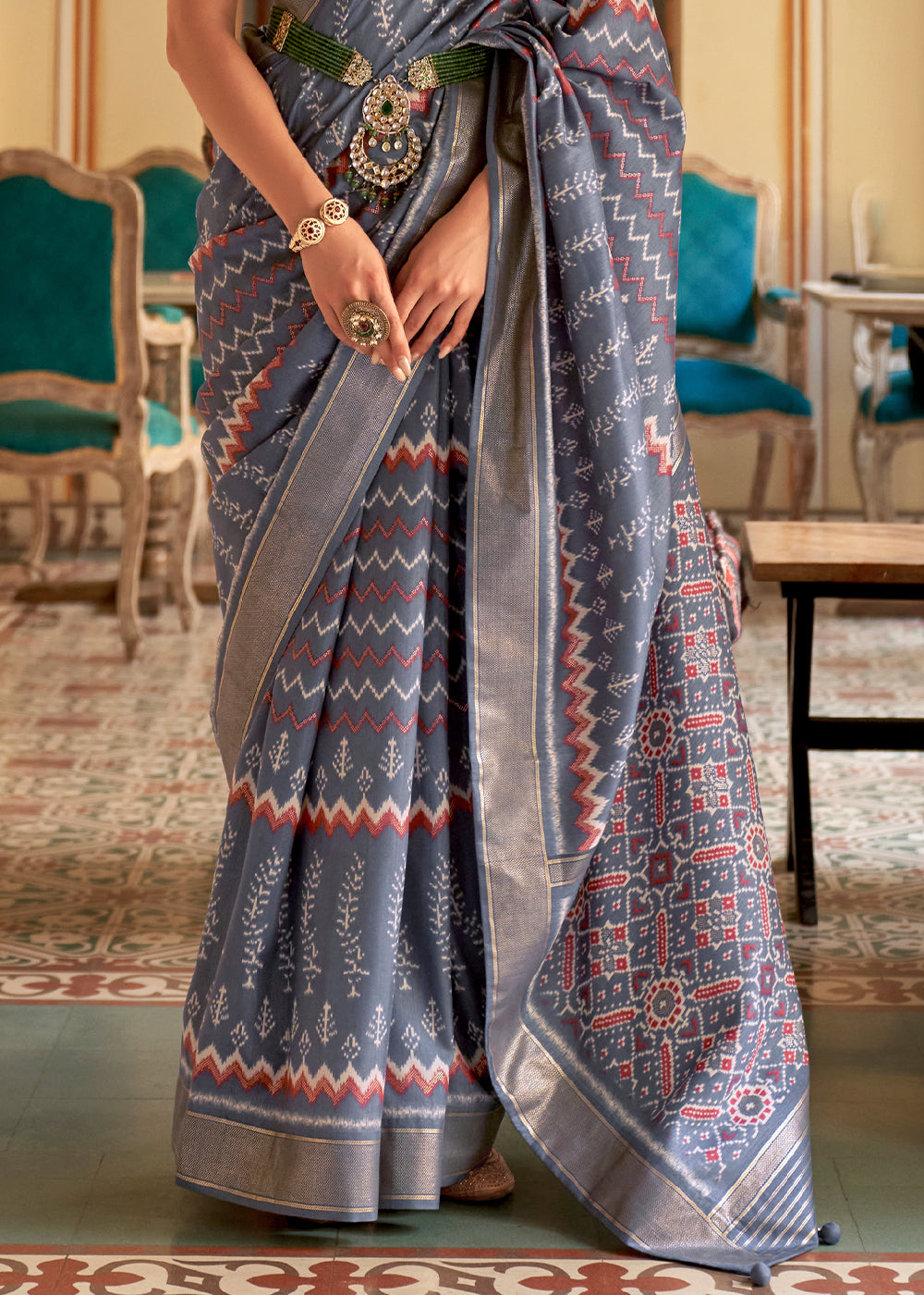 Flint Grey Designer Printed Silk Saree