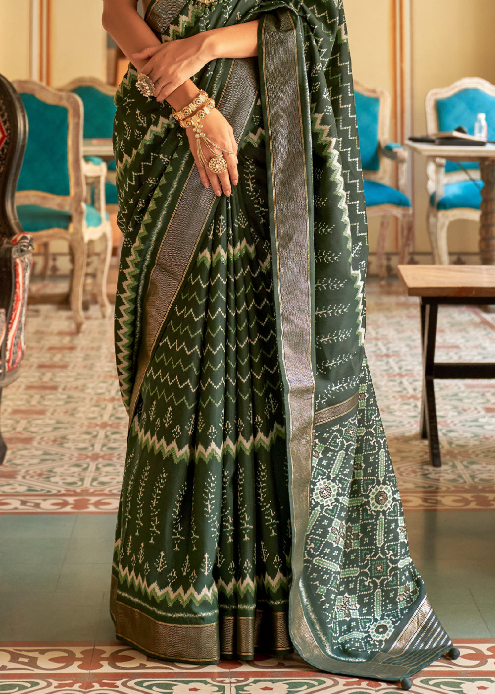 Juniper Green Designer Printed Silk Saree