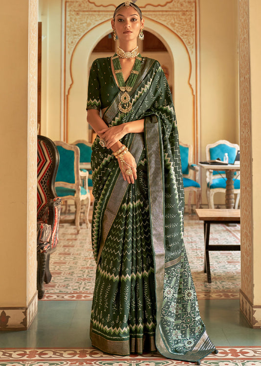 Juniper Green Designer Printed Silk Saree