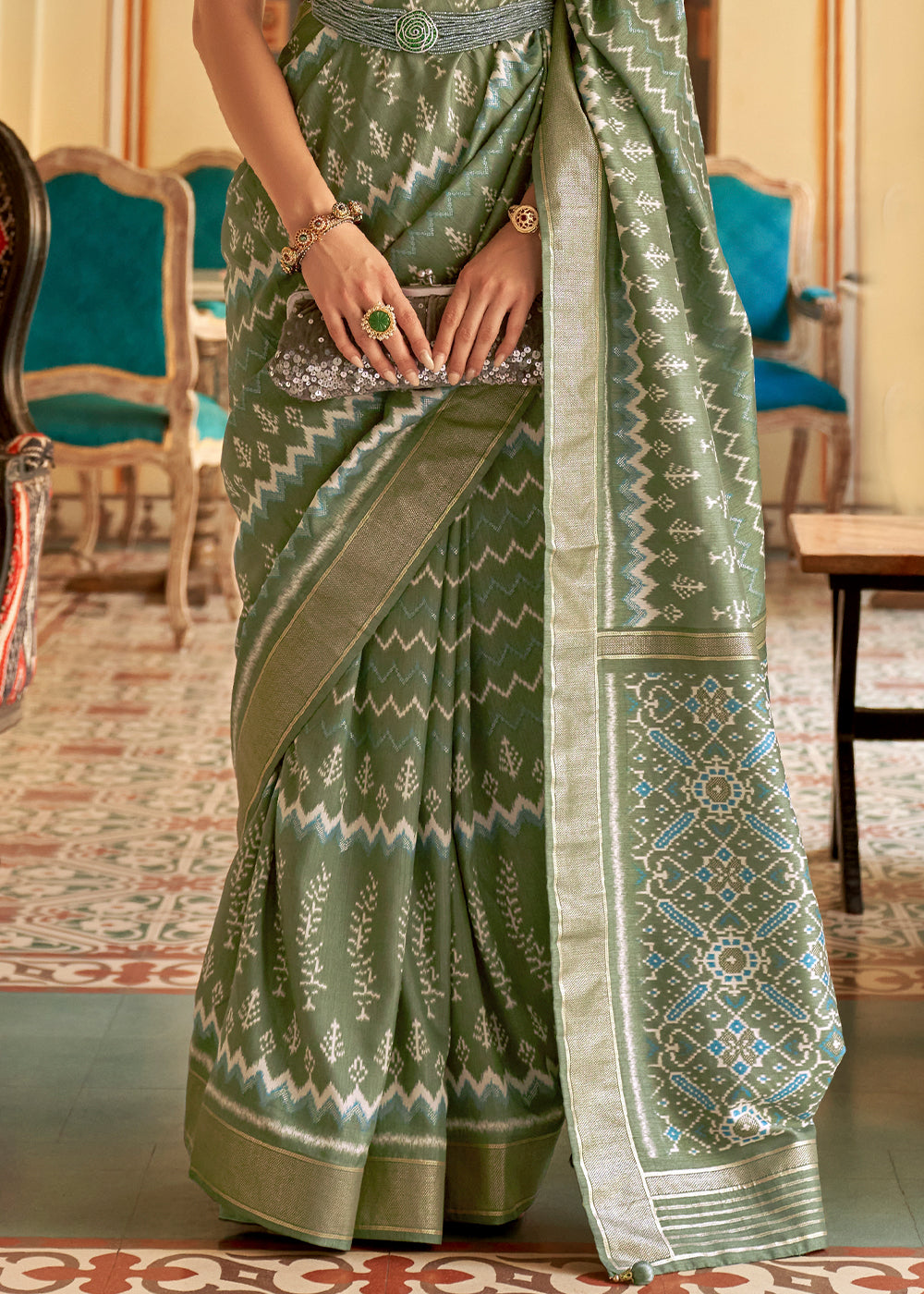 Pistachio Green Designer Printed Silk Saree