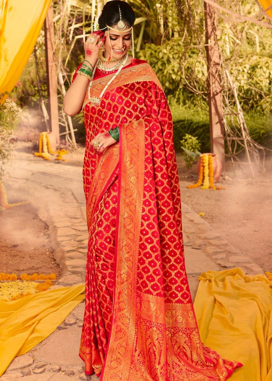 Cherry Red Zari Woven Kanjivaram Silk Saree:Wedding Edition