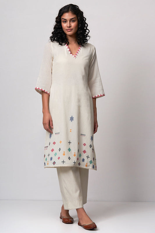 Cream Cotton Woven Kurta With Cotton Bottom