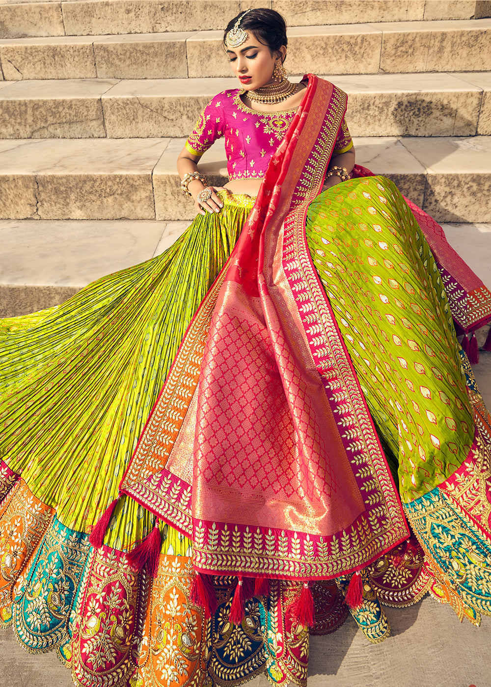 Pear Green Banarasi Silk Lehenga Choli with Heavy Embroidery Work