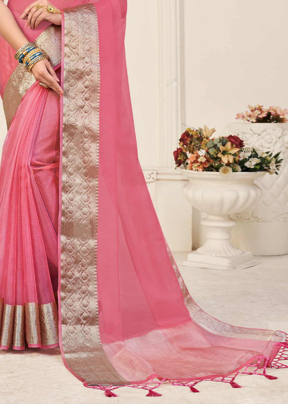 French Pink Designer Organza Silk Saree with Tassels On Pallu