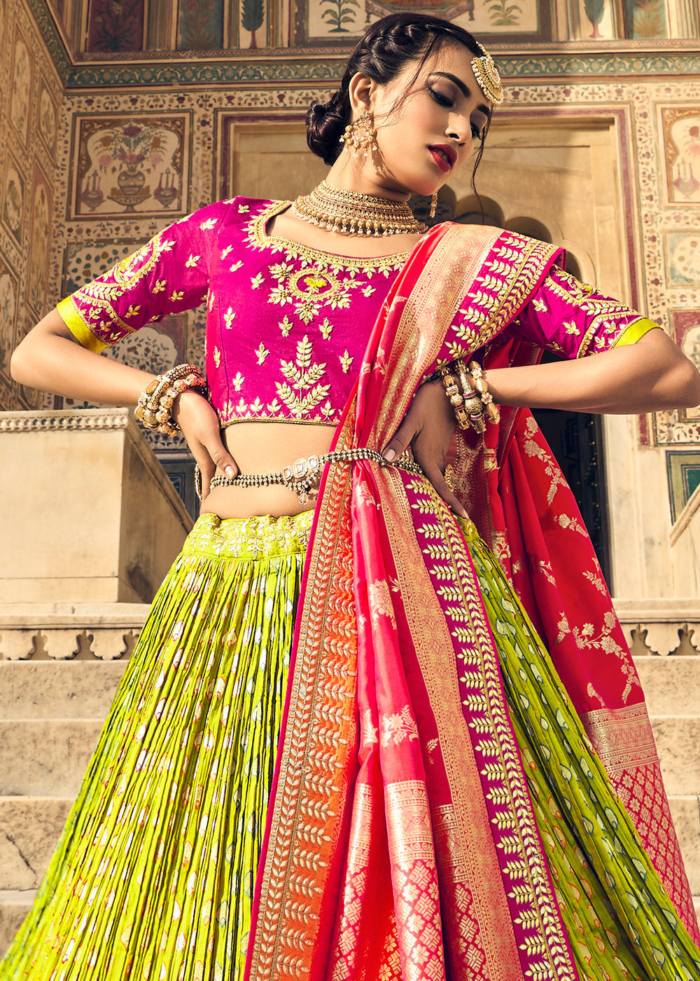 Pear Green Banarasi Silk Lehenga Choli with Heavy Embroidery Work