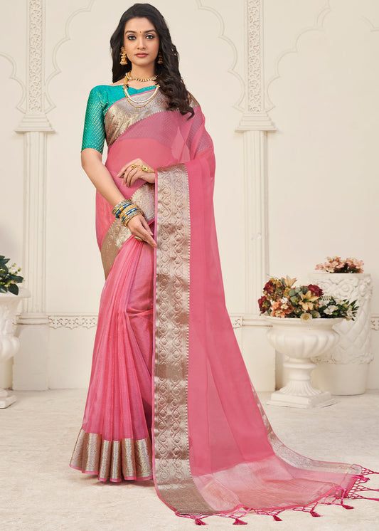 French Pink Designer Organza Silk Saree with Tassels On Pallu