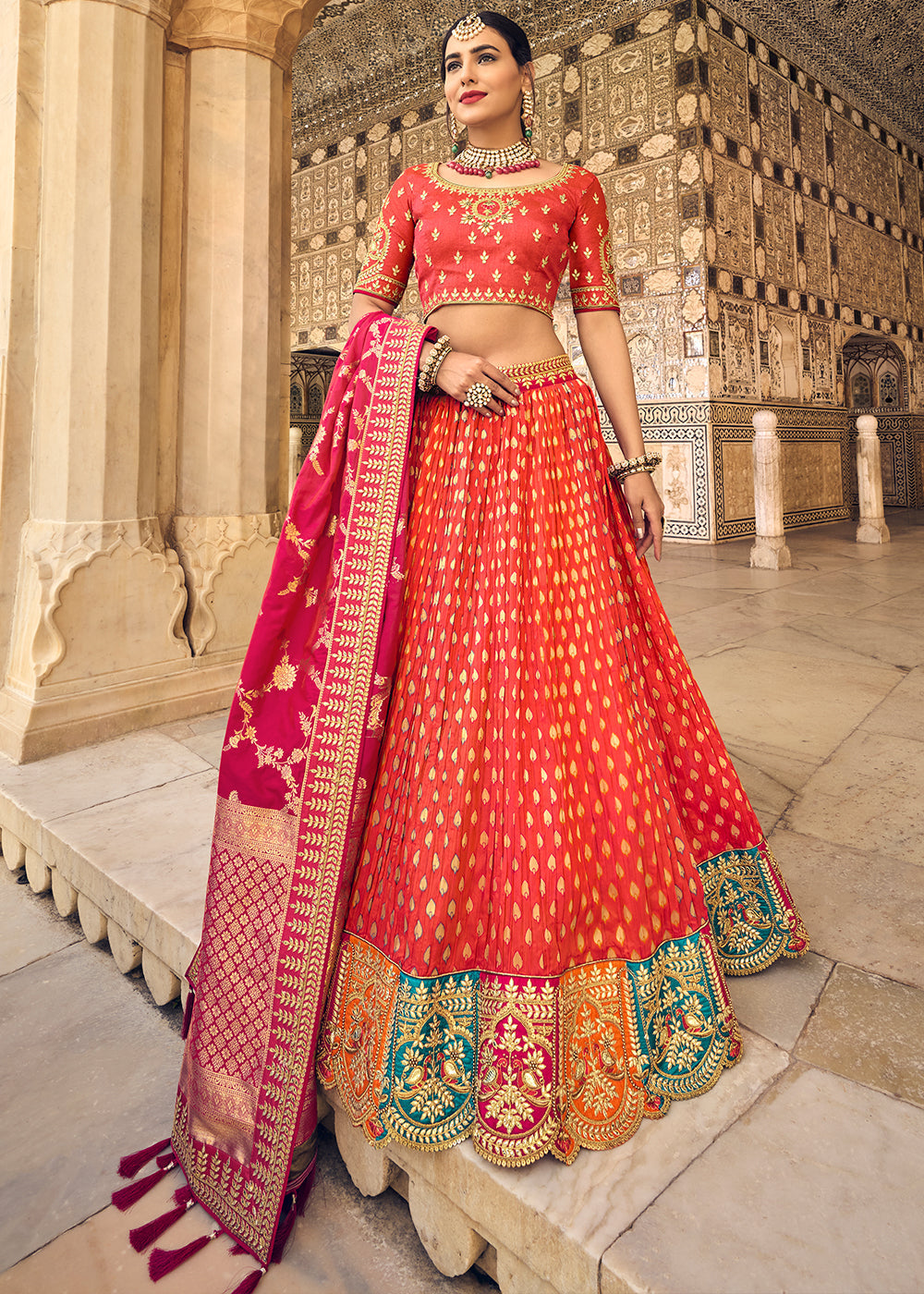 Sienna Orange Banarasi Silk Lehenga Choli with Heavy Embroidery Work