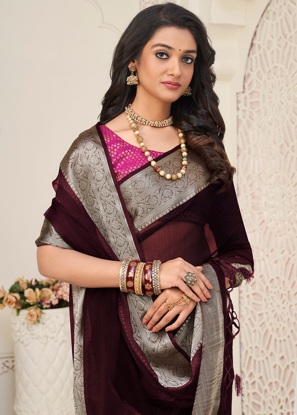 Hickory Brown Designer Organza Silk Saree with Tassels On Pallu