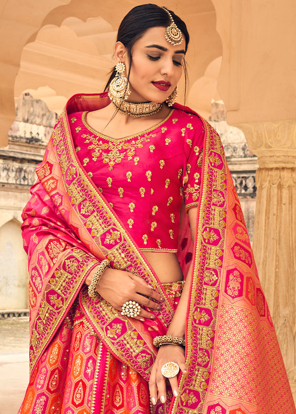 Shades Of Pink Banarasi Silk Lehenga Choli with Heavy Embroidery Work