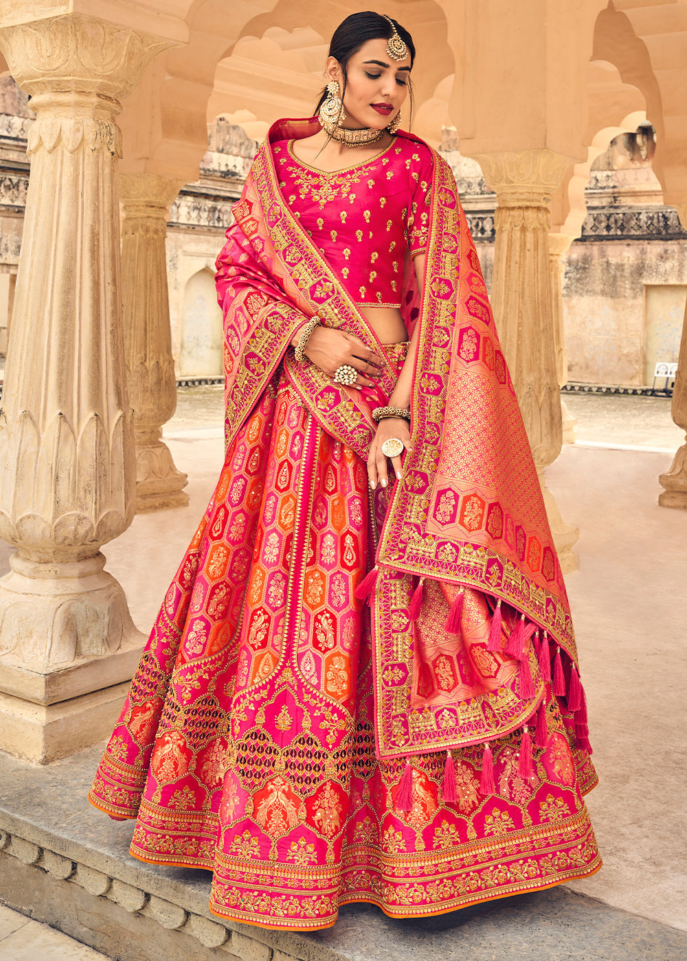 Shades Of Pink Banarasi Silk Lehenga Choli with Heavy Embroidery Work