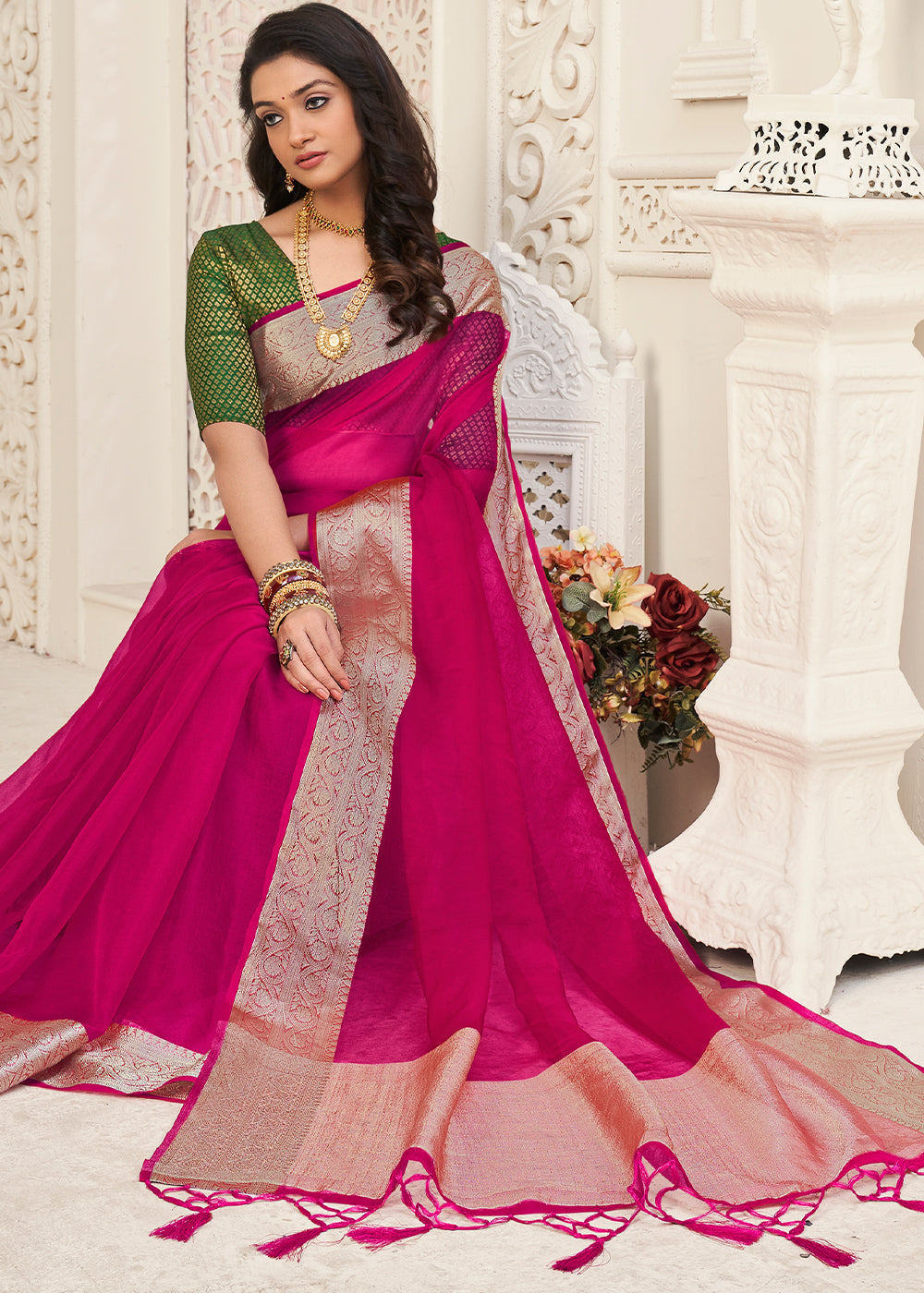 Magenta Pink Designer Organza Silk Saree with Tassels On Pallu