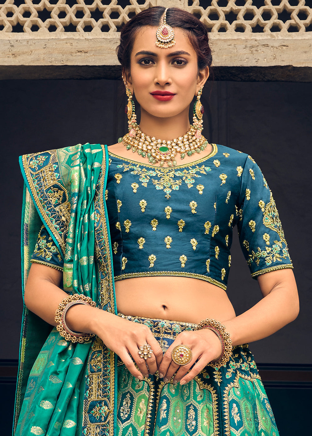 Shades Of Blue Banarasi Silk Lehenga Choli with Heavy Embroidery Work