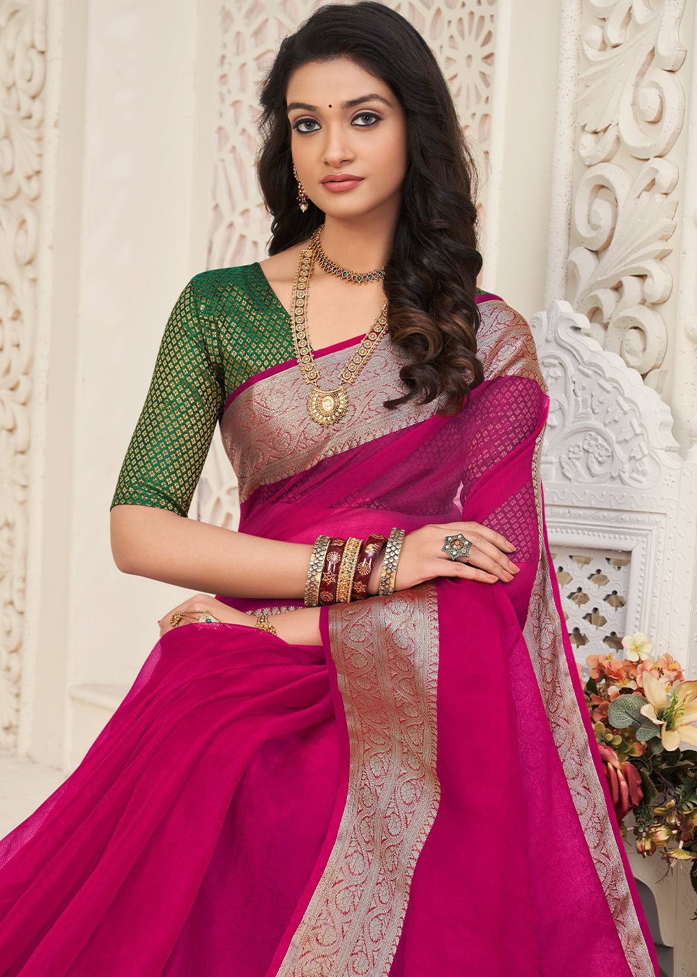 Magenta Pink Designer Organza Silk Saree with Tassels On Pallu