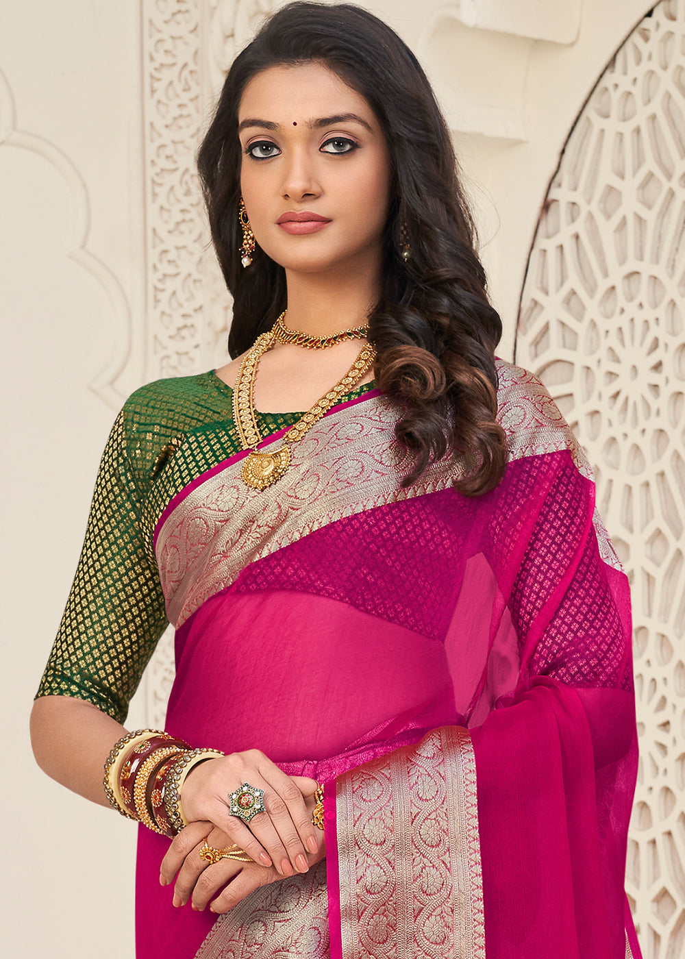 Magenta Pink Designer Organza Silk Saree with Tassels On Pallu