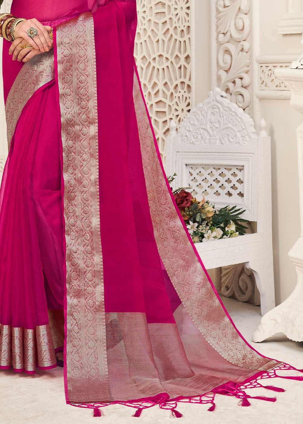 Magenta Pink Designer Organza Silk Saree with Tassels On Pallu