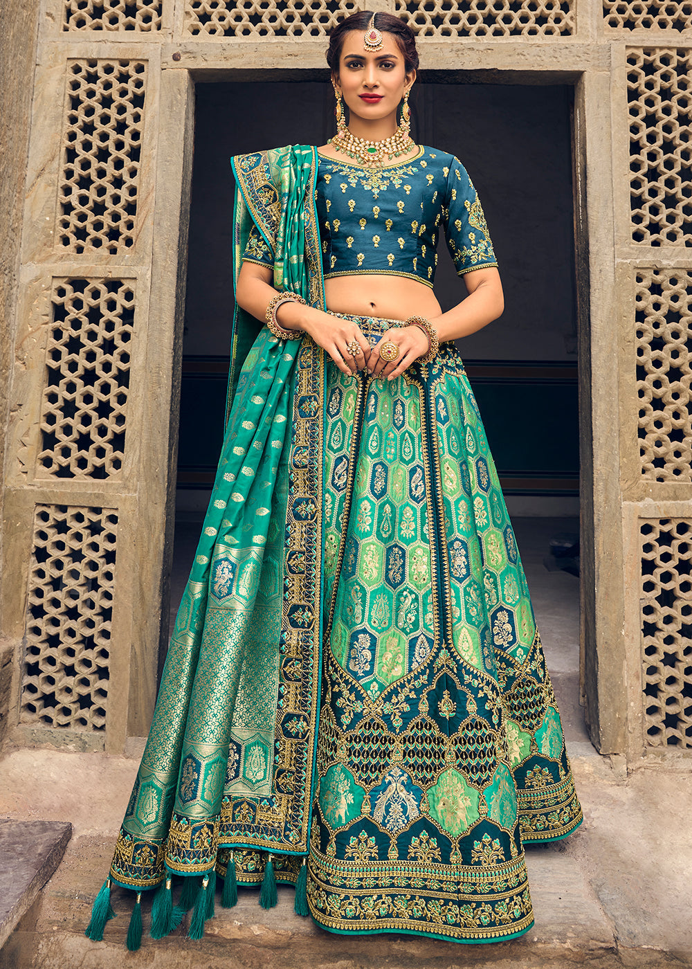 Shades Of Blue Banarasi Silk Lehenga Choli with Heavy Embroidery Work