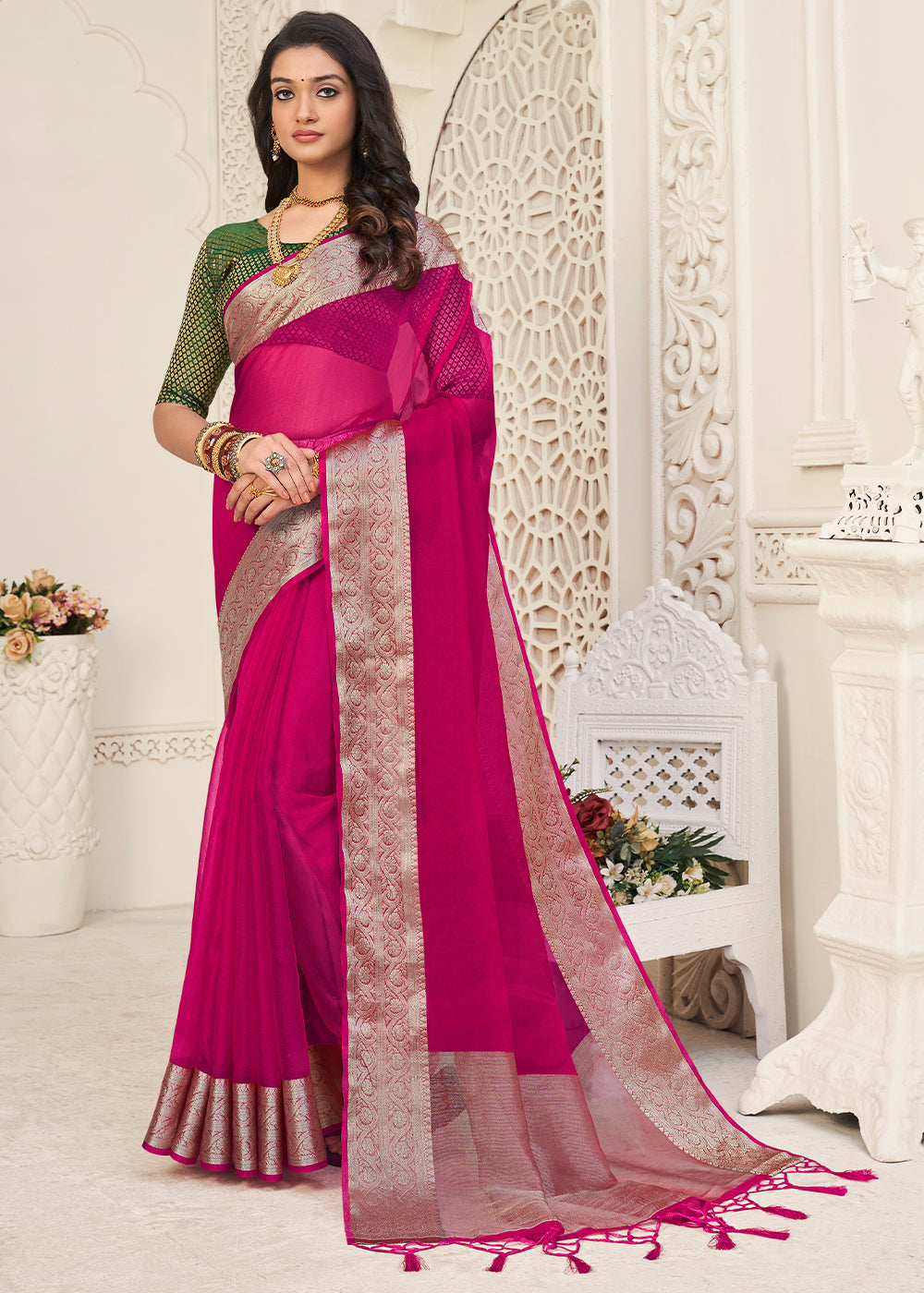 Magenta Pink Designer Organza Silk Saree with Tassels On Pallu