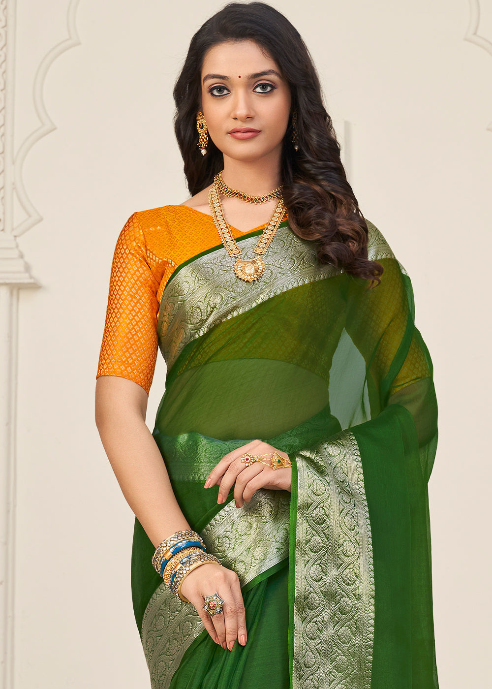 Hunter Green Designer Organza Silk Saree with Tassels On Pallu