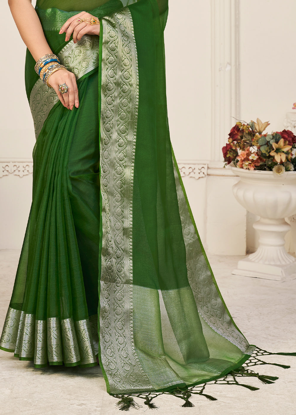 Hunter Green Designer Organza Silk Saree with Tassels On Pallu