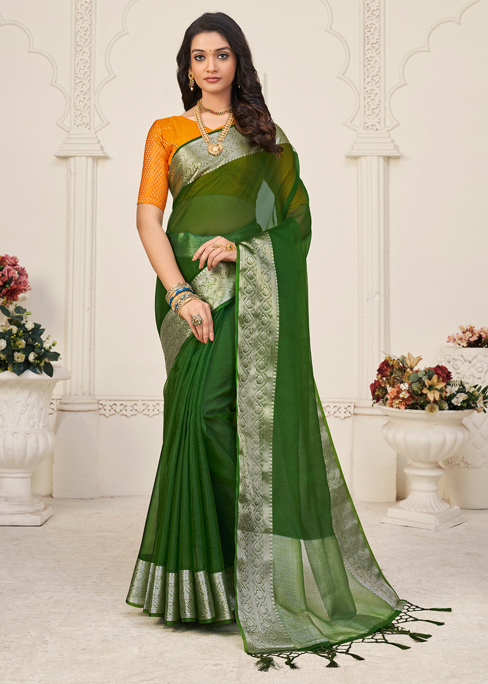 Hunter Green Designer Organza Silk Saree with Tassels On Pallu