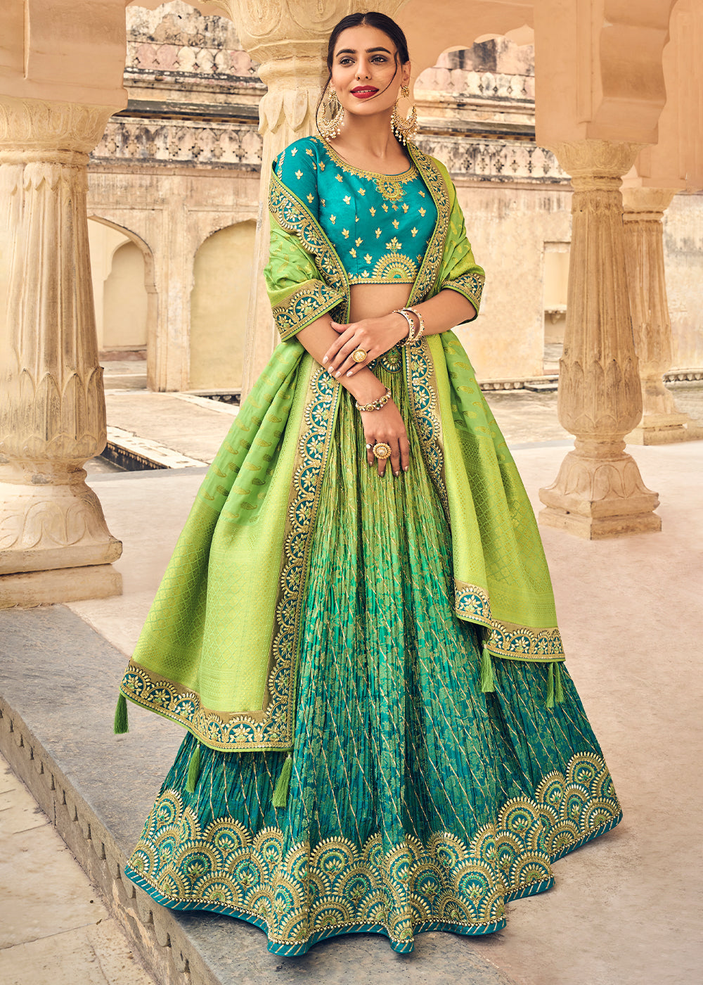 Green & Blue Banarasi Silk Lehenga Choli with Heavy Embroidery Work