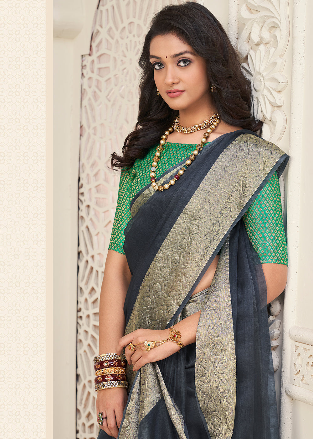 Lead Grey Designer Organza Silk Saree with Tassels On Pallu