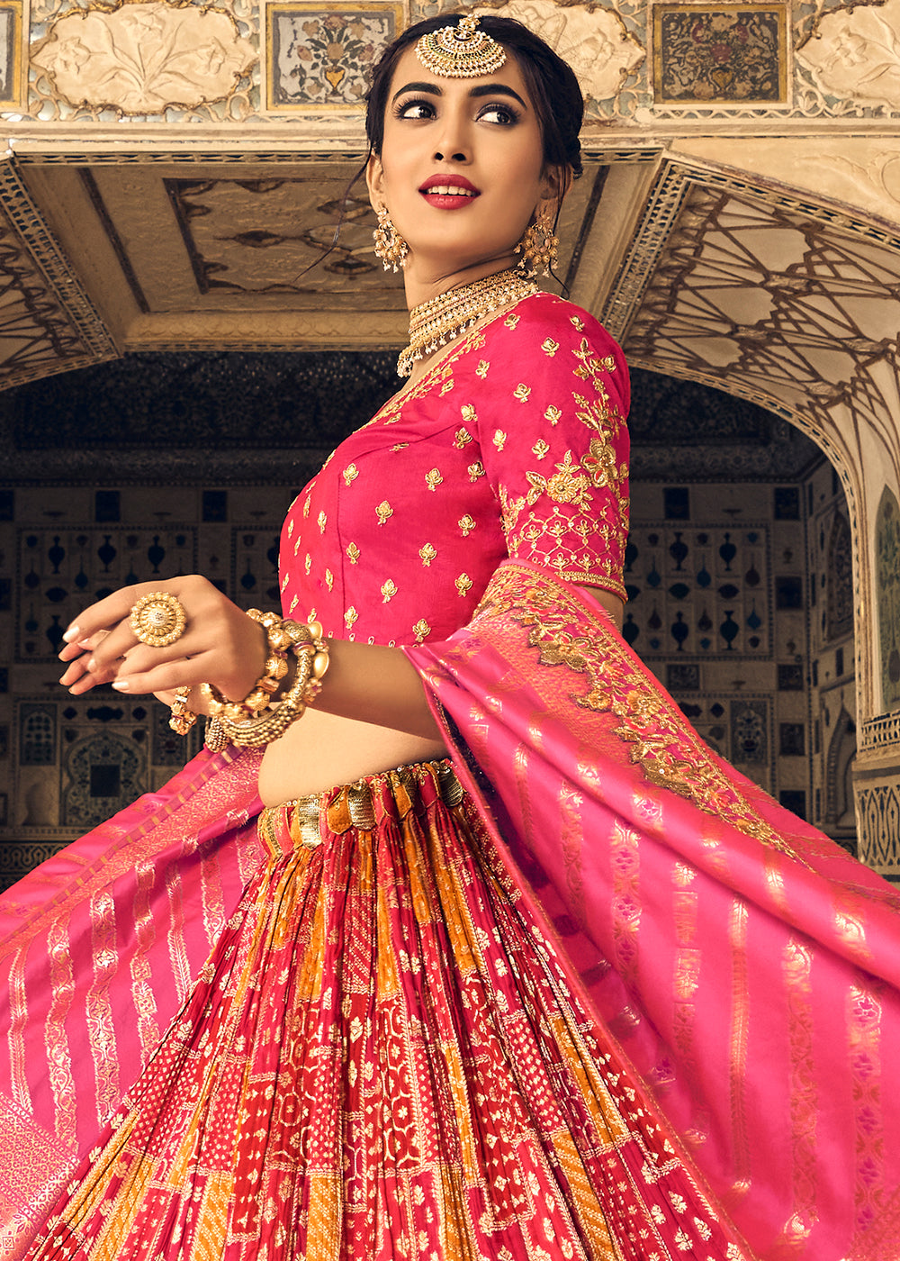 Pink & Orange Banarasi Silk Lehenga Choli with Heavy Embroidery Work