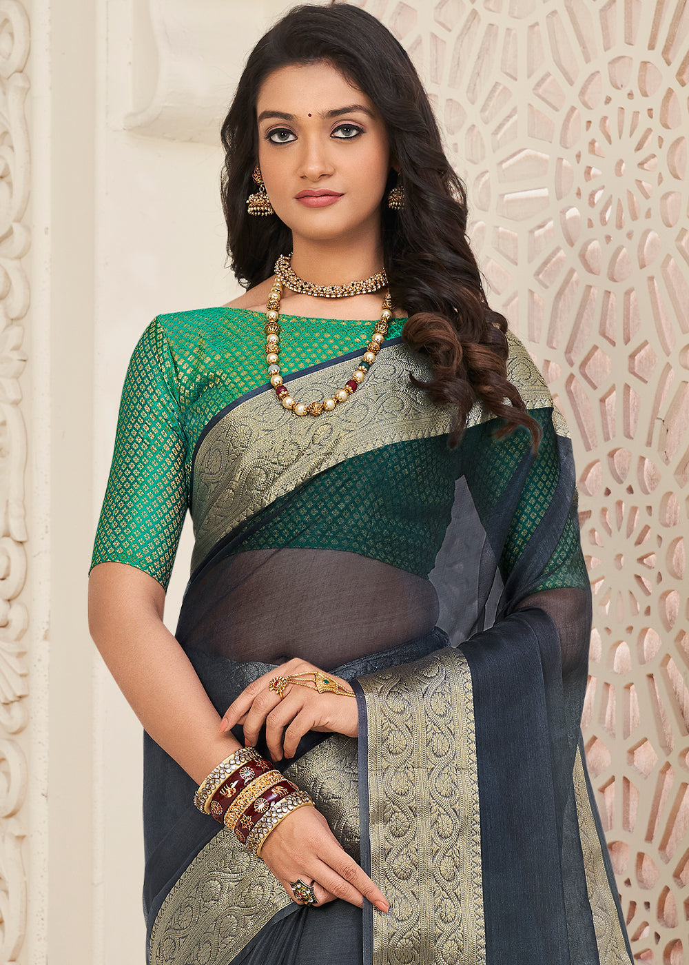 Lead Grey Designer Organza Silk Saree with Tassels On Pallu