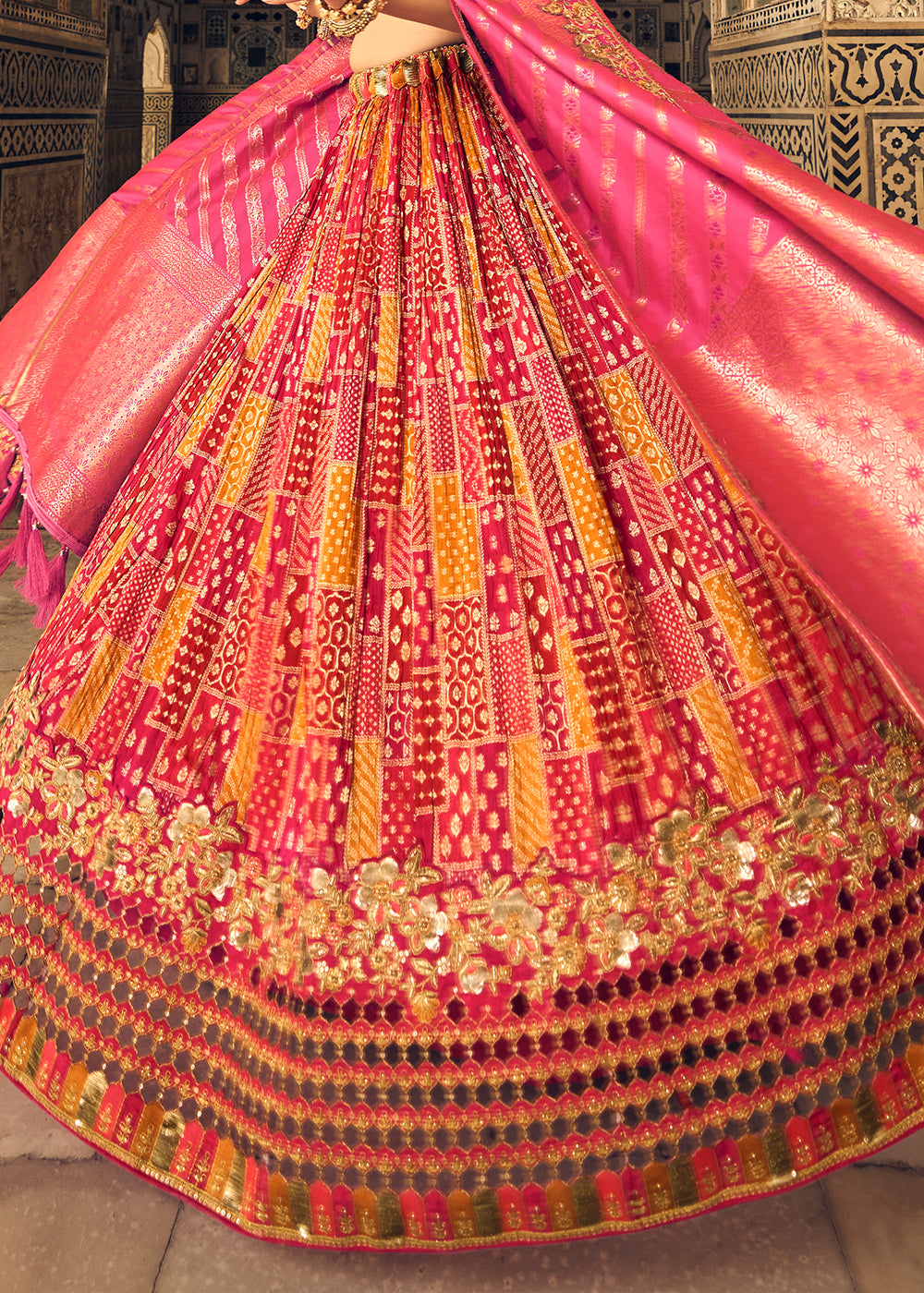 Pink & Orange Banarasi Silk Lehenga Choli with Heavy Embroidery Work