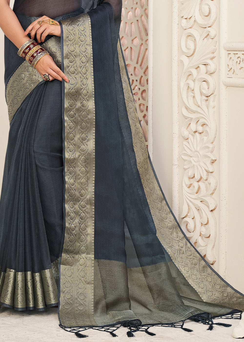 Lead Grey Designer Organza Silk Saree with Tassels On Pallu