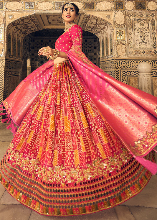 Pink & Orange Banarasi Silk Lehenga Choli with Heavy Embroidery Work