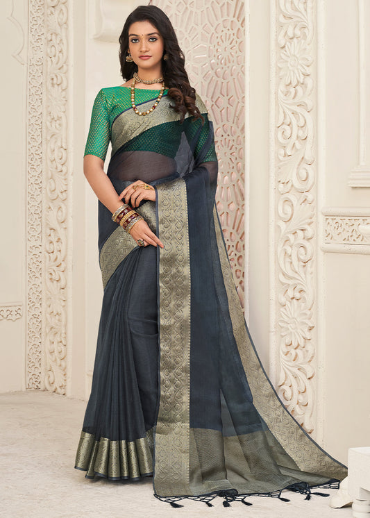 Lead Grey Designer Organza Silk Saree with Tassels On Pallu