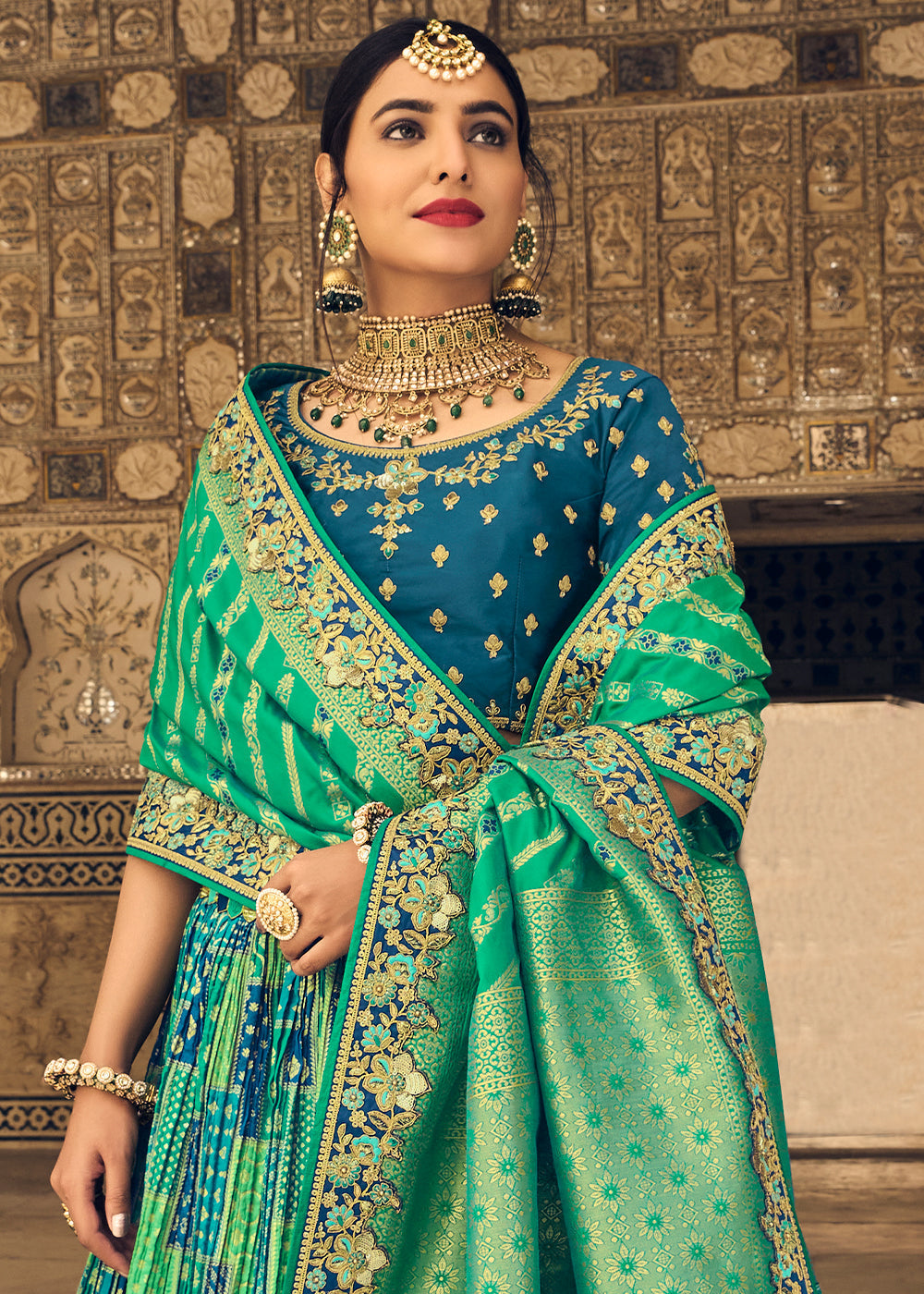 Prussian Blue & Green Banarasi Silk Lehenga Choli with Heavy Embroidery Work