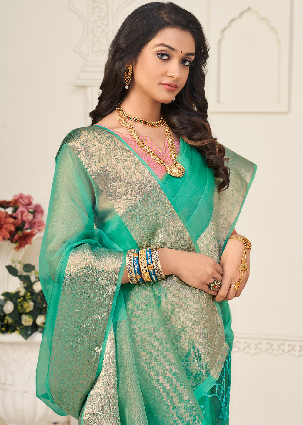 Light Munsell Green Designer Organza Silk Saree with Tassels On Pallu