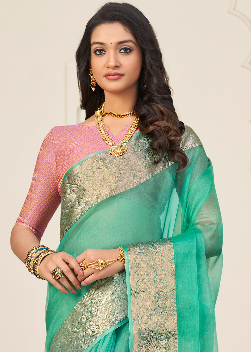 Light Munsell Green Designer Organza Silk Saree with Tassels On Pallu